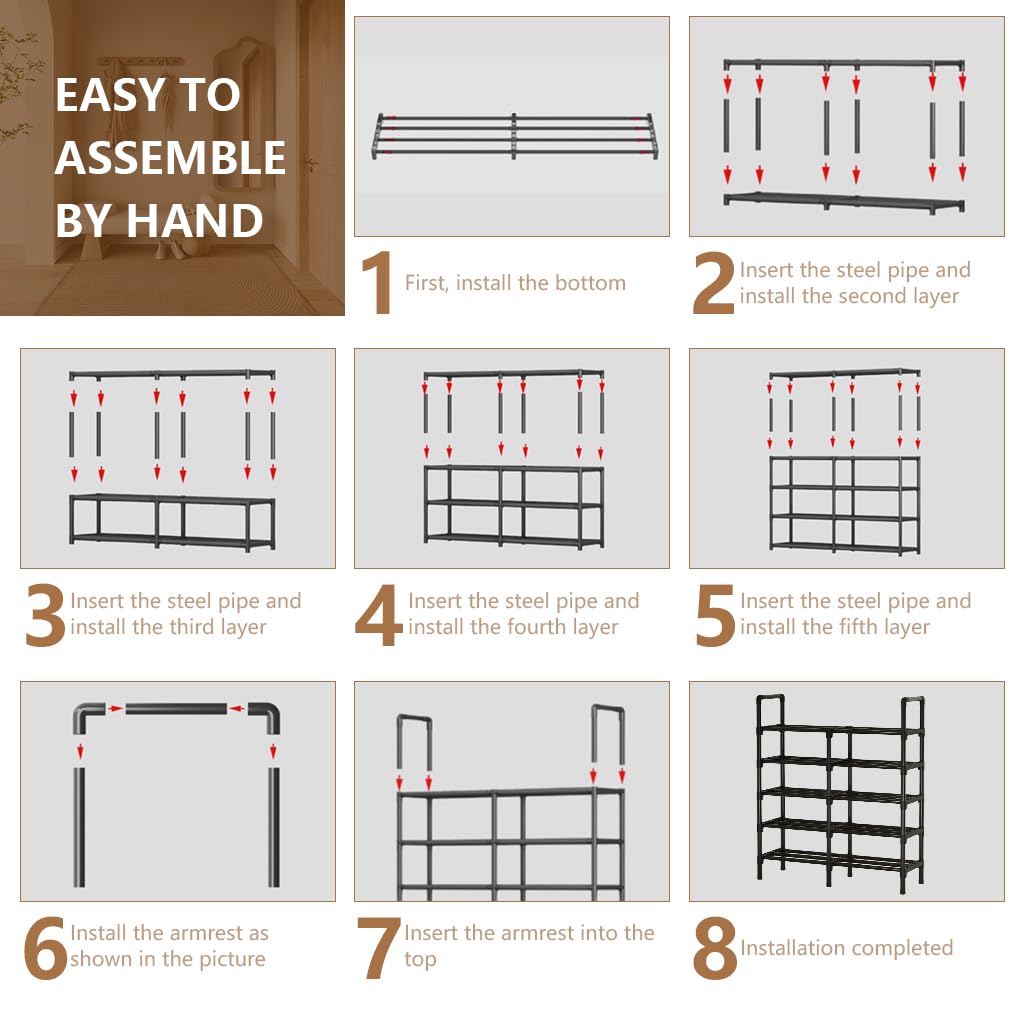 HASTHIP Shoe Rack for Entryway with 5 Tiers featuring DIY Assembly and Black Metal Frame | 96x90x23 cm Freestanding Organizer