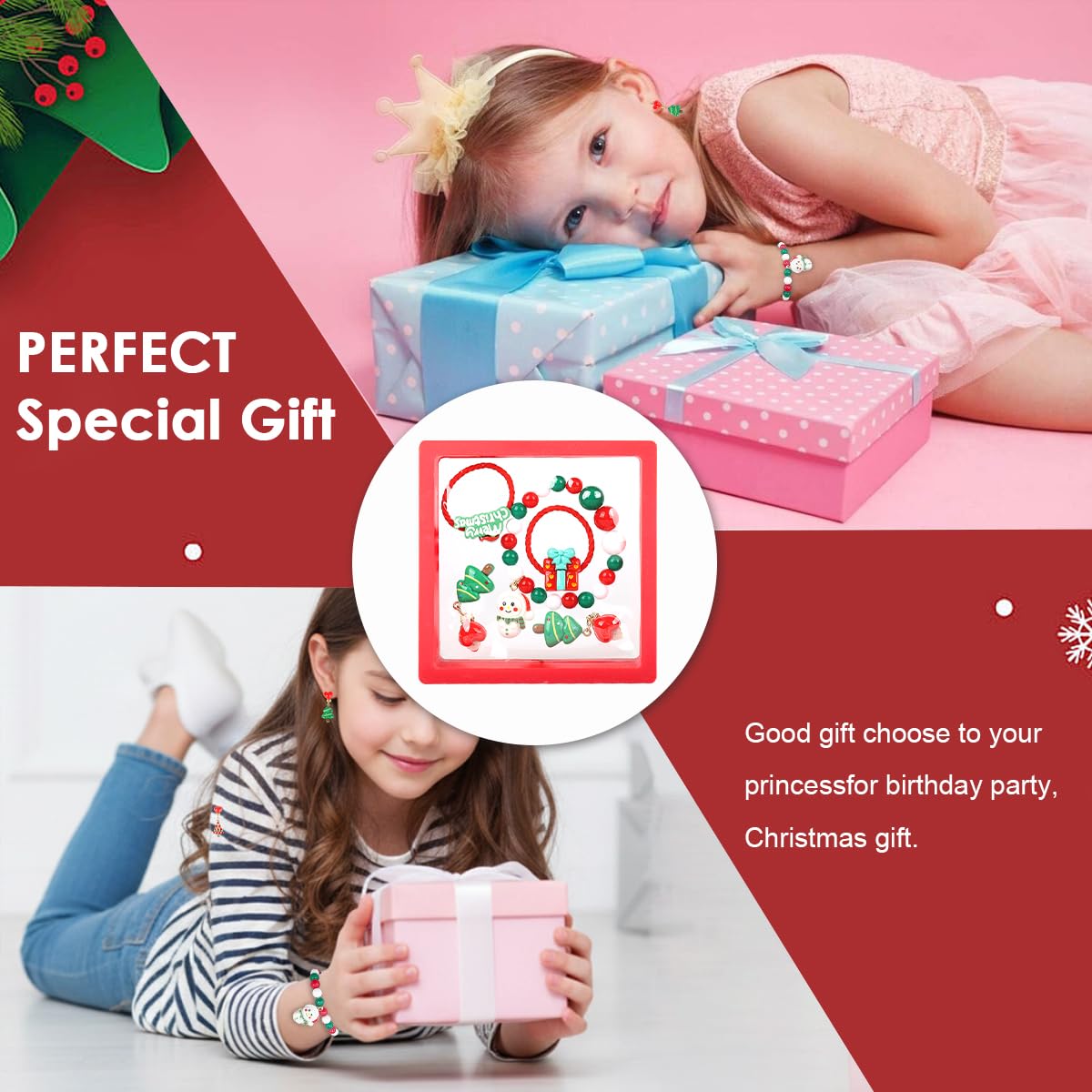 MAYCREATE Christmas Jewelry Hair Accessories Kit for Kids with Bracelet and Earrings | Gift Box Set for Holiday Dress Up