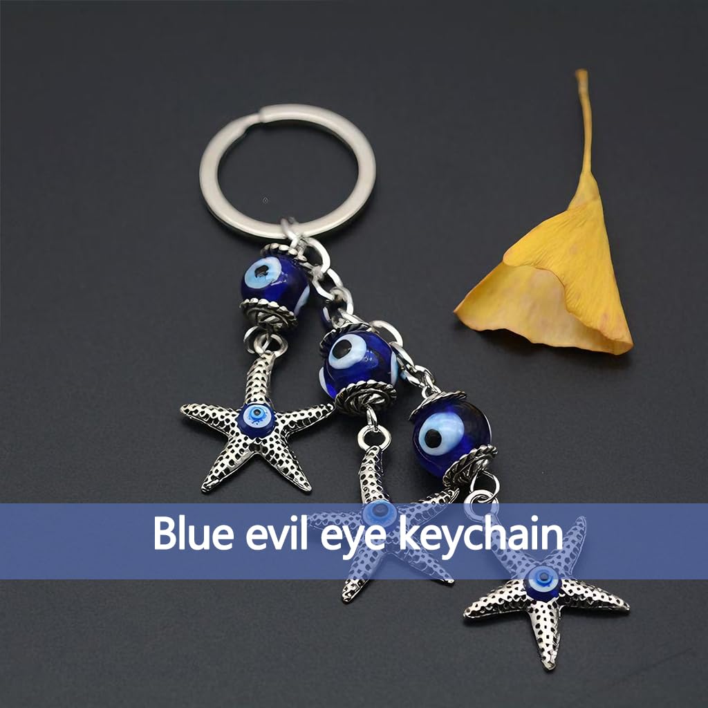 Zibuyu Creative Blue Evil Eye Keychain with Starfish Design Alloy and Colored Glass | Protective Charm for Keys Cars Bags and Home Decor