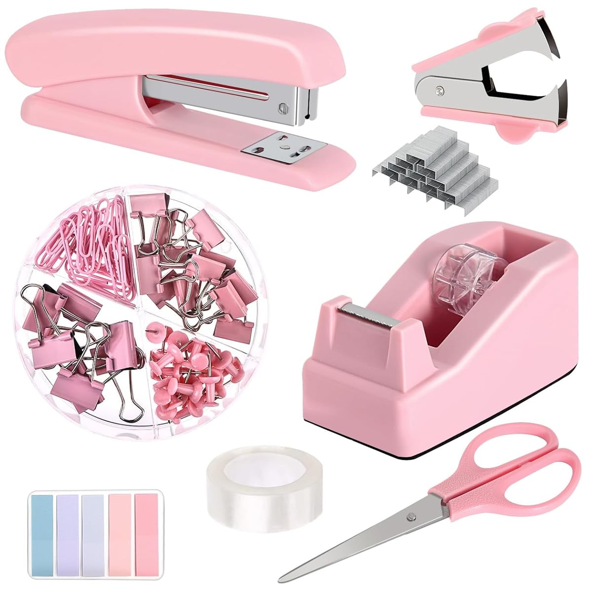 Climberty® Pink Office Supplies Set, Stapler and Tape Dispenser Set, Office Desk Accessories Kit with Stapler, Tape Dispenser, Staple Remover, Staples, Clips, Scissors, Tabs, Gift for Women, Clerks