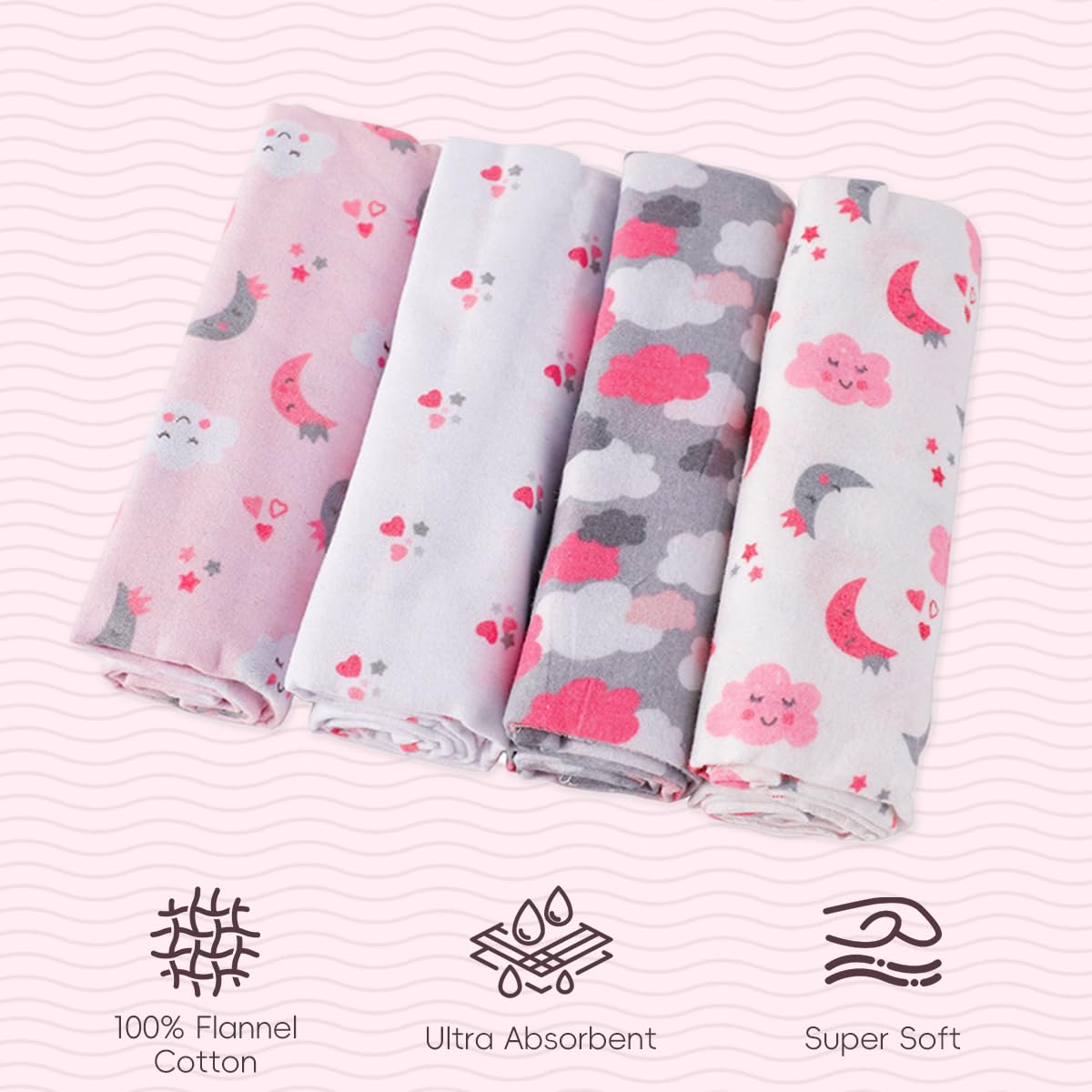 SNOWIE SOFT baby swaddle set for newborns with 76x76cm flannel muslin wraps | pink cartoon design