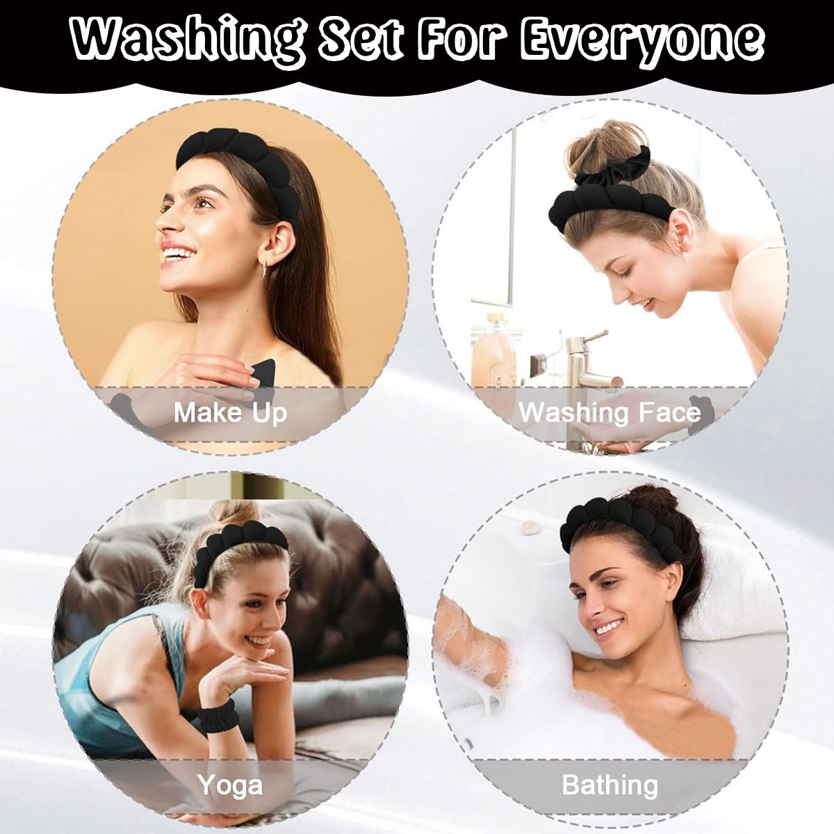 MAYCREATE Facial Headband Set for Skincare and Face Wash 7Pcs with Flannel Bands | Black