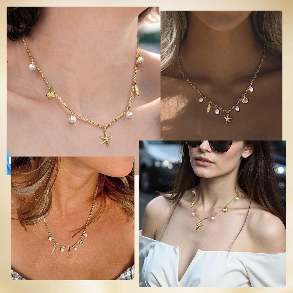 SANNIDHI Necklace for Women featuring Gold Seashell Starfish Pendant & Pearl Layers | Beach Jewelry 2PCS