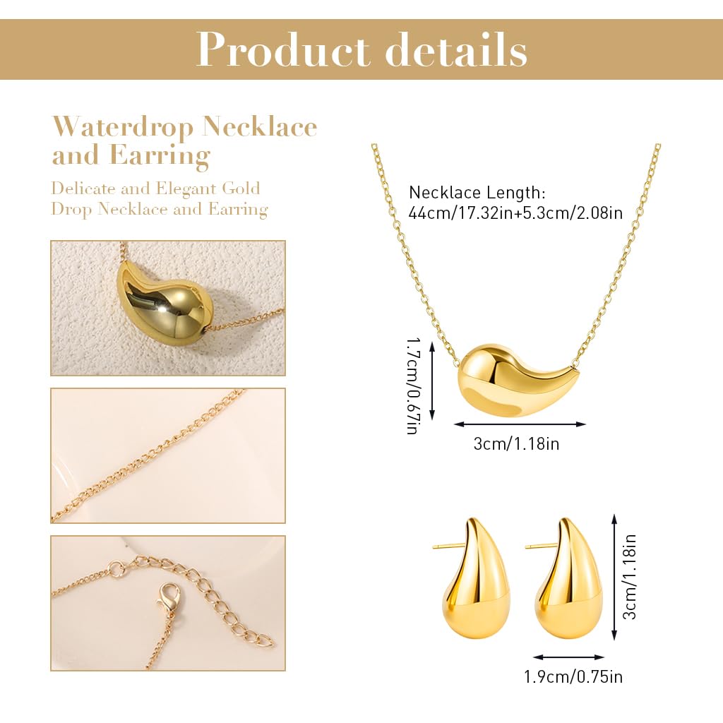 SANNIDHI Gold Necklace Set for Women Stylish Teardrop Studs Earrings Lightweight Aolly Water Drop Pendent Necklace Jewellery Set Birthday Gift for Women and Girls - 3 Pcs