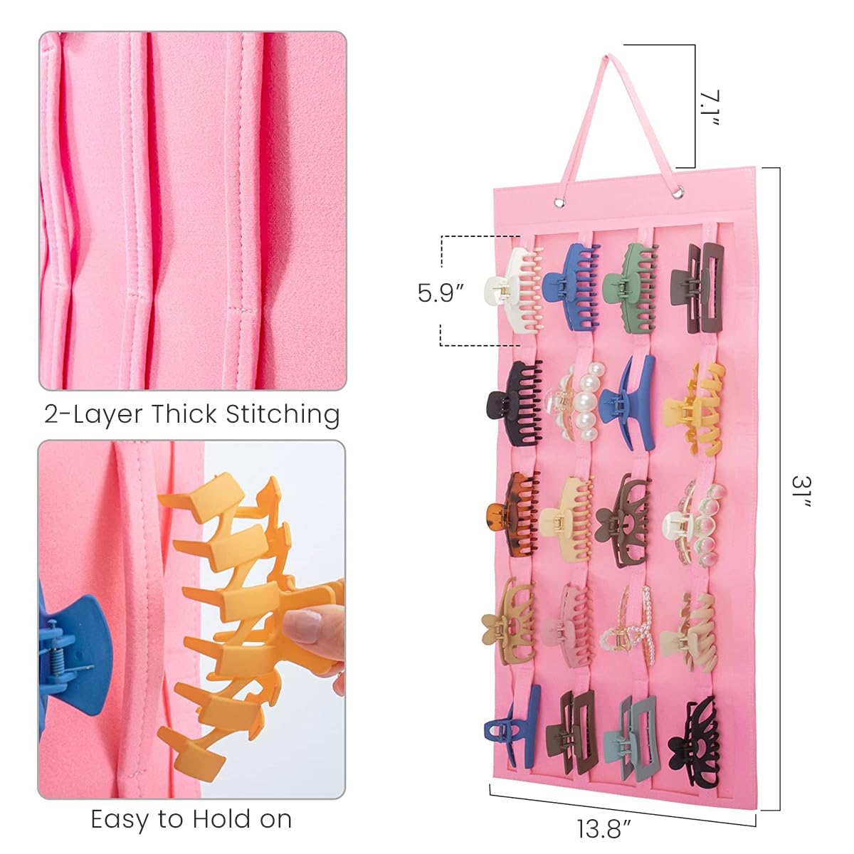 HASTHIP Hair Claw Clip Holder for Wall and Door with 20 Felt Belts 35×80cm | Organizer for Women