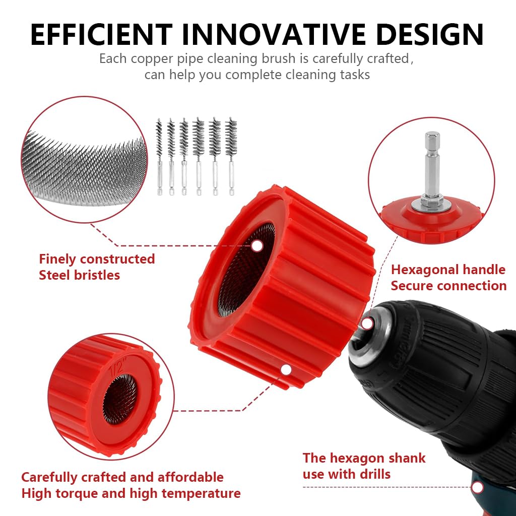 Serplex Copper Pipe Cleaner for Drill 9 Piece Set with Stainless Steel Wire Brush | Cleans Copper Bronze and Brass Tubes