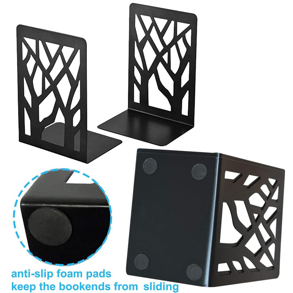 ZIBUYU Metal Bookends for Desk with Non Slip Rubber Base and Tree Design | 2Pcs 16cm Black