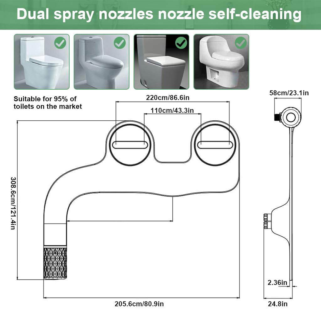 HANNEA Bidet Attachment for Toilet with Dual Nozzles and Adjustable Water Pressure | Easy to Install 8–21 cm Fit