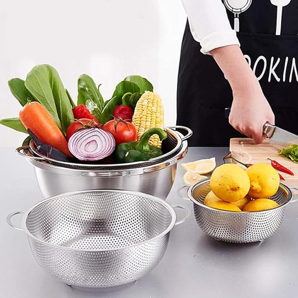 Supvox Colander Set of 3 for Pasta Vegetables and Fruits featuring Micro Perforated Stainless Steel | Easy Drain and Clean Design