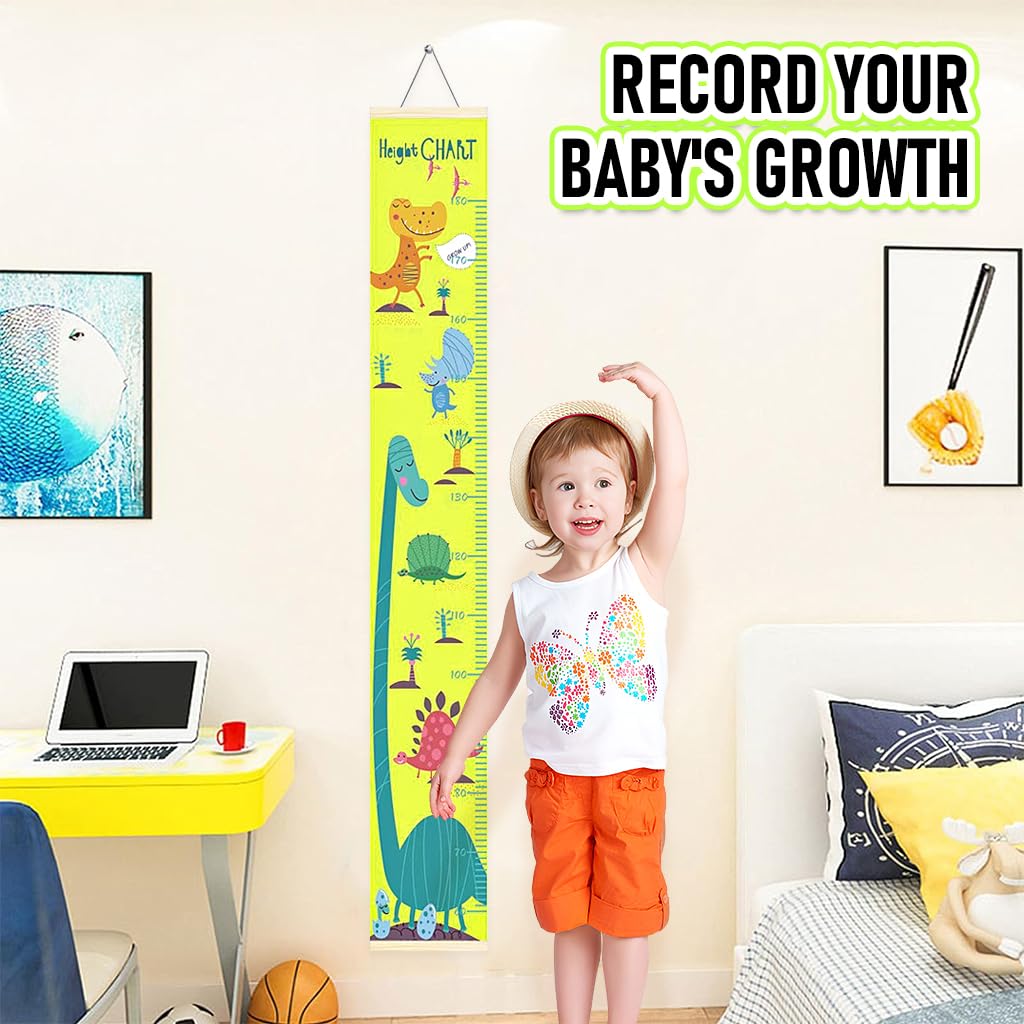 SNOWIE SOFT Cartoon Dinosaur Growth Chart for Kids with 60–180 cm Range | Waterproof Canvas Wall Hanging