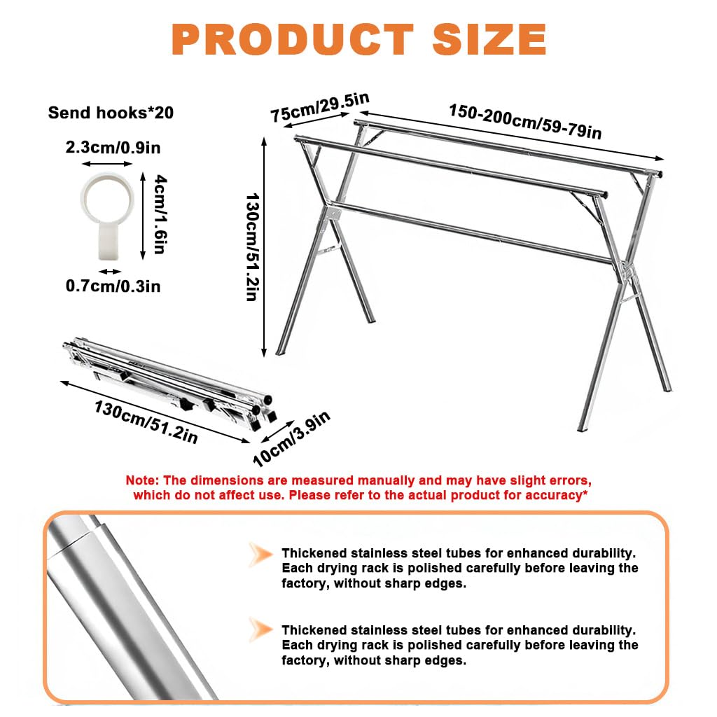HASTHIP Folding Cloth Drying Rack for Indoor and Outdoor Use with 6.6ft Telescopic Frame and 20 Hooks | Double Layer Stainless Steel Laundry Organizer