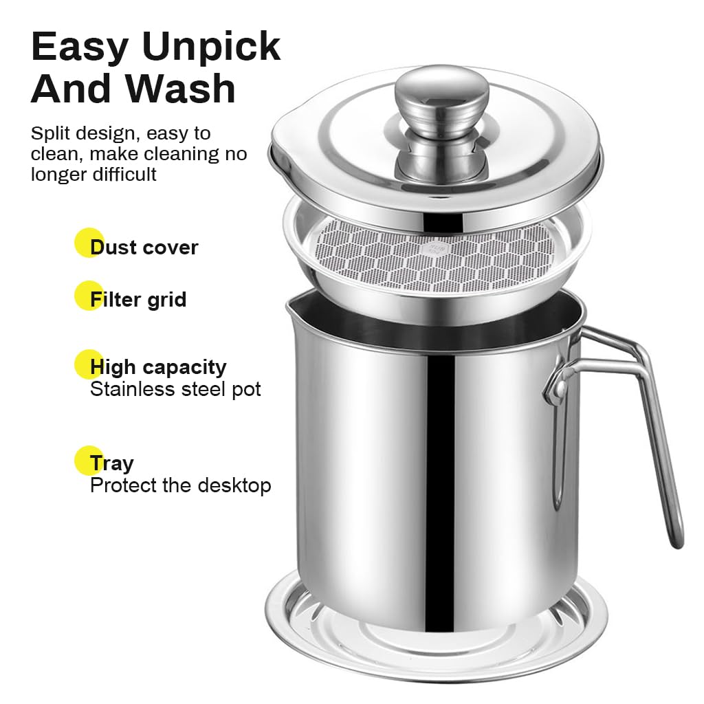 Supvox® Oil Container Oil Strainer 1.3L/45Oz Oil Pot with Lid & Handle 304 Stainless Steel Grease Keeper with Fine Mesh Strainer & Tray Oil Stainless Steel Oil Container Pot for Kitchen