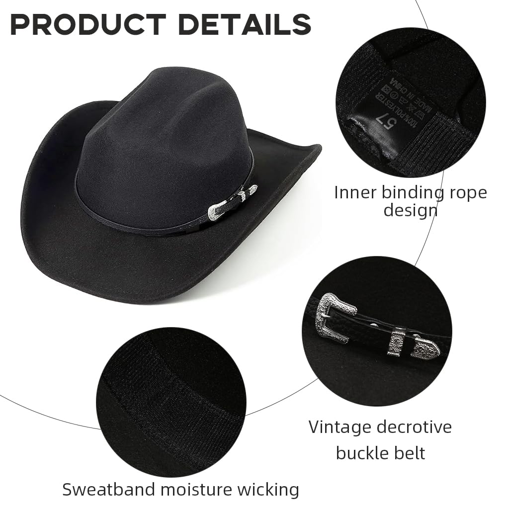 PROBEROS Western Cowboy Hat for Men with Roll Up Fedora Style and Buckle Belt Black 3PCS