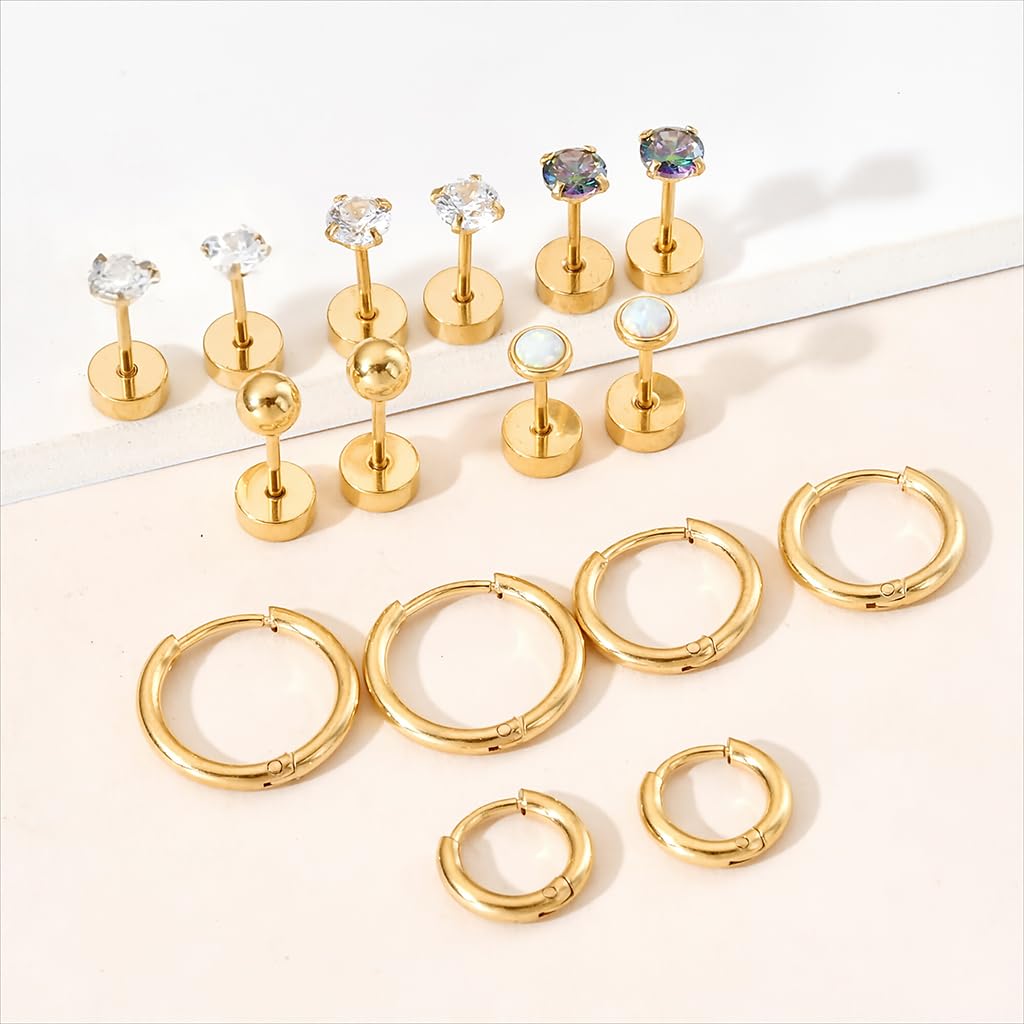 SANNIDHI Hypoallergenic Flat Back Earrings for Sensitive Ears with 0.8mm 20G Studs | Surgical Steel Stacking Set for Women