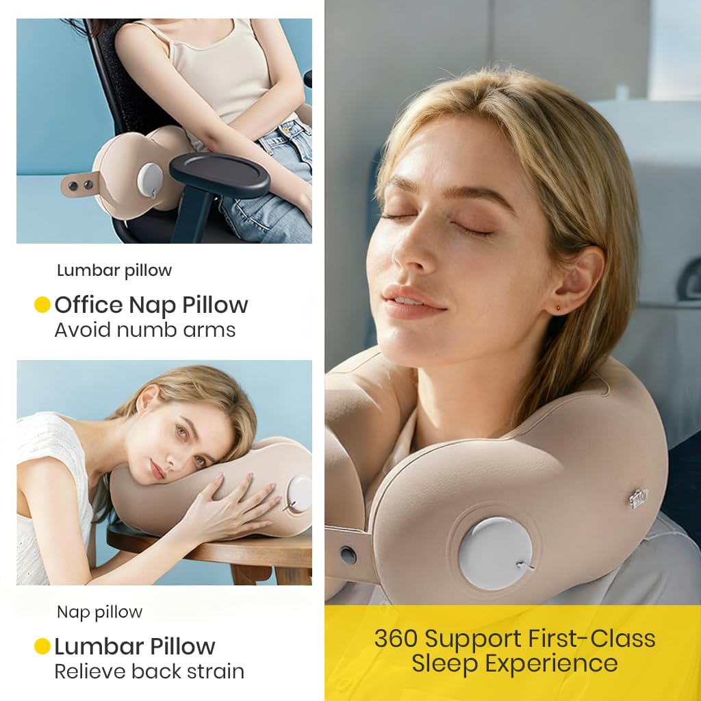 HANNEA Inflatable Travel Neck Pillow for Airplane and Car with Dual Snap Closure | Ultra Soft Flocking Cushion