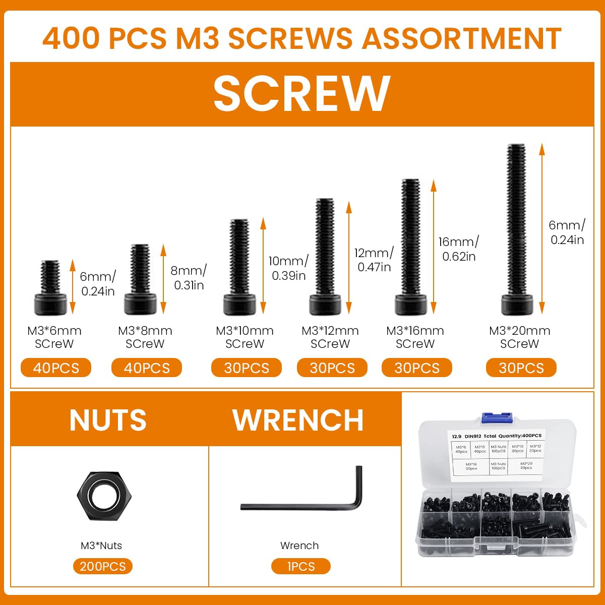 Serplex® 1290Pcs Screws Nuts and Washers Set Assorted Sized M3 Screws Nuts Alloy Steel Zinc Palted Screws Nuts Set with 3 Sizes Hex Wrenchs Metric Bolts and Nuts Kit