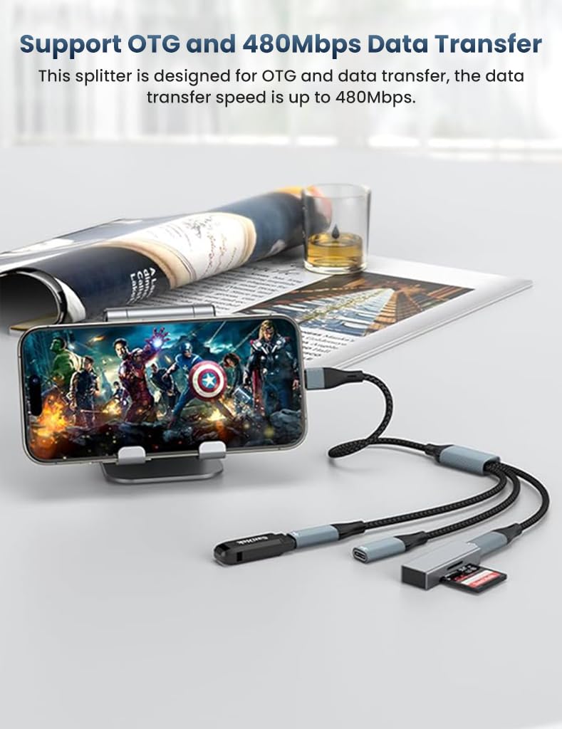 Verilux USB C Splitter for Charging and Audio | 3 in 1 Nylon Braided Type C Adapter