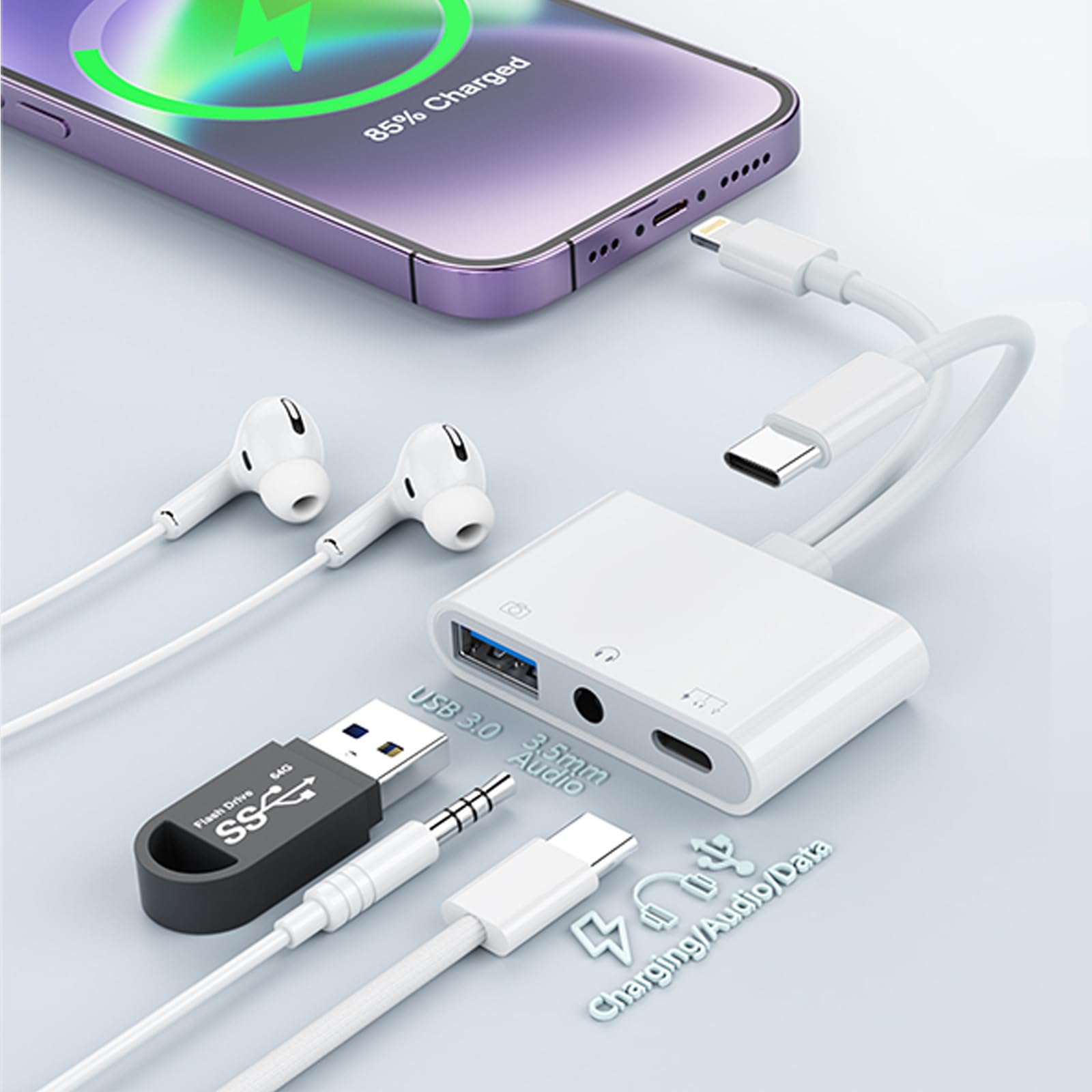 Verilux® USB Hub for iPhone 13/14/15/16, Multifunctional USB C/Light-ing Dual Connector Hub, USB C/Light-ning to Audio 3.5mm, USB 3.0 & Type C PD, Support Data Sync, Charging, Listening