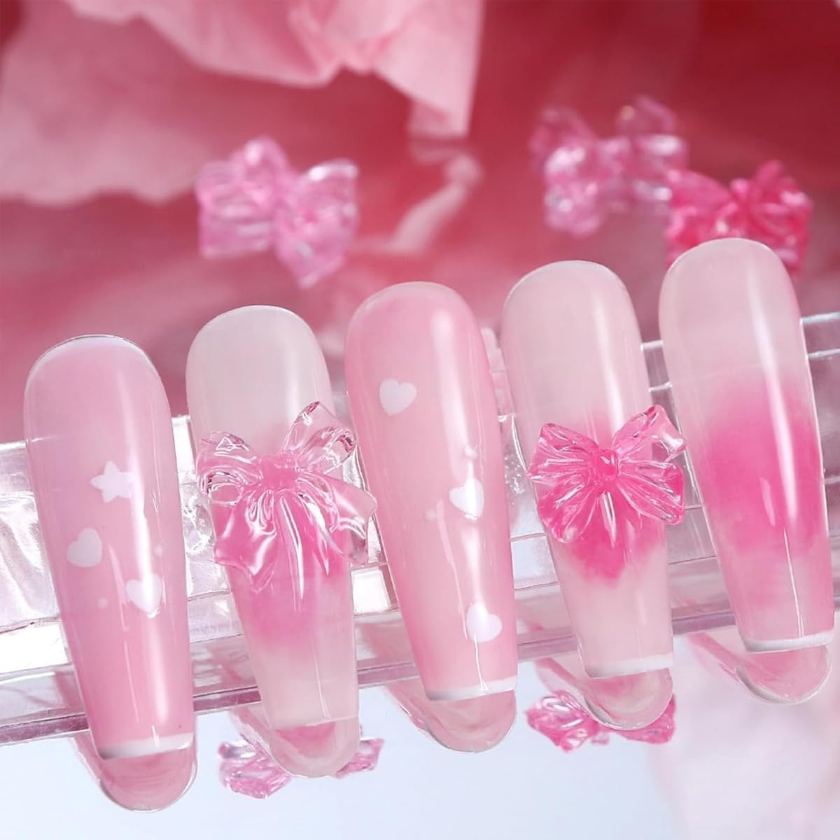 MAYCREATE Nail Decals for DIY Nail Art with 50pcs 3D Flat Back Resin Pink Bow Charms | Cute Decorative Design
