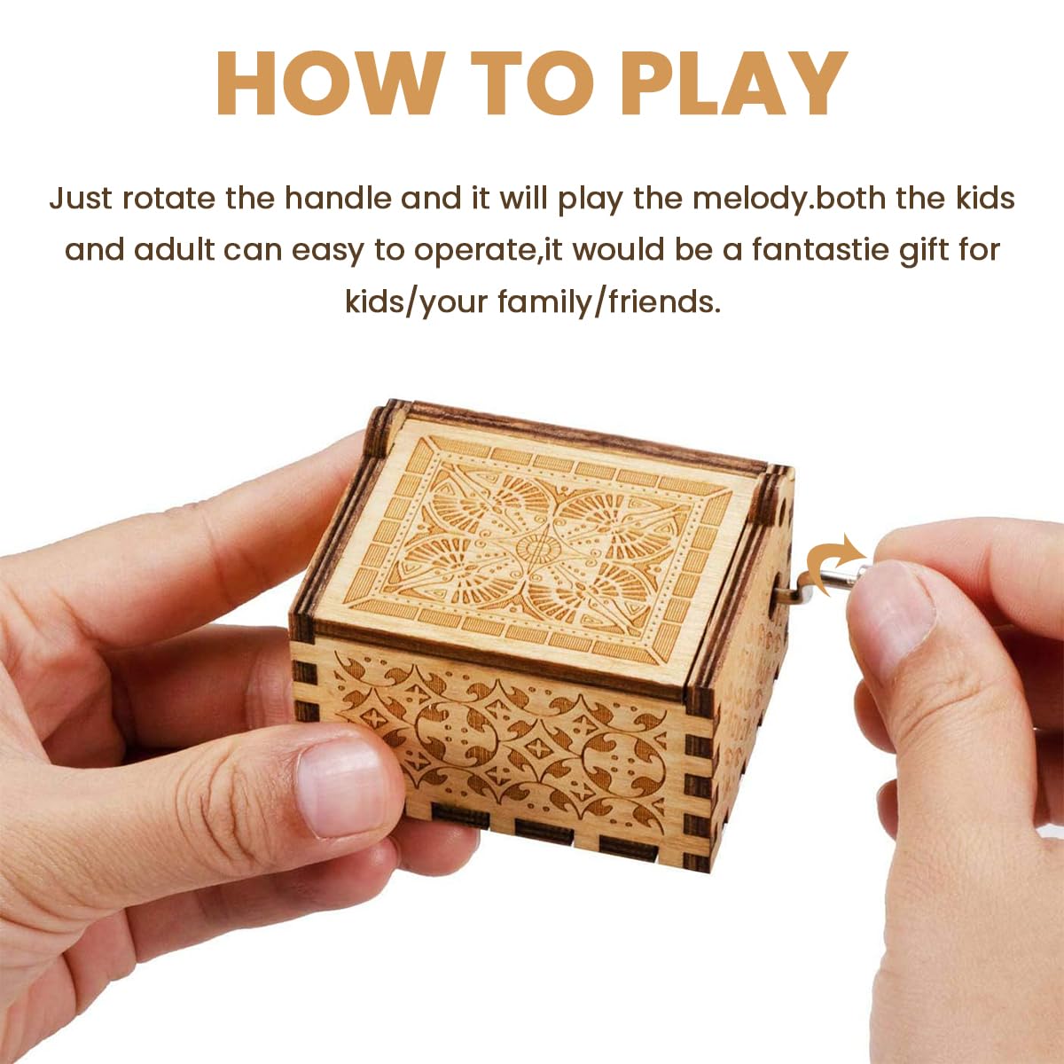 PATPAT Retro Wooden Hand Crank Music Box for Birthday Gift with Flip-up Lid | Nostalgic Floral Engraving