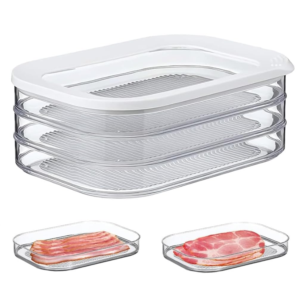 Supvox® Food Storage Container with Lid, BPA Free PET Food Grade Raw Meat Container Fresh Food Prep Tray Triple Layer Transparent Stackable Fresh Box for Cold Cuts, Deli, Chicken Breast, 22.5x16x8.5cm