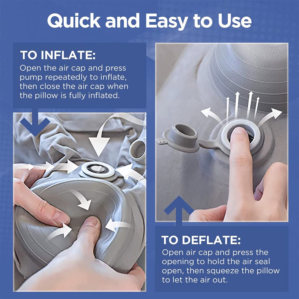 HANNEA Inflatable Air Travel Pillow for Flights with Built-in Manual Pump 16×11×18 in | Grey