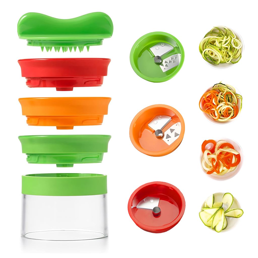 Supvox® 3 in 1 Stackable Spiral Vegetable Slicer, Stainless Steel Manual Grater & Slicer with 3 Interchangeable Blades & Guard Handle, Spiralizer for Veggies Noodles