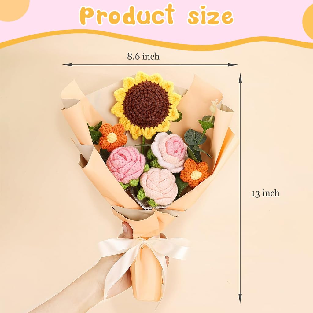 HASTHIP® Crochet Flowers Bouquet Completed Handmade Crochet Sunflower Roses Desk Decorative Flower Bouquet  Box Packed Handmade Corchet Flower Bouquet Gift for Mother, Mother's Day Gift