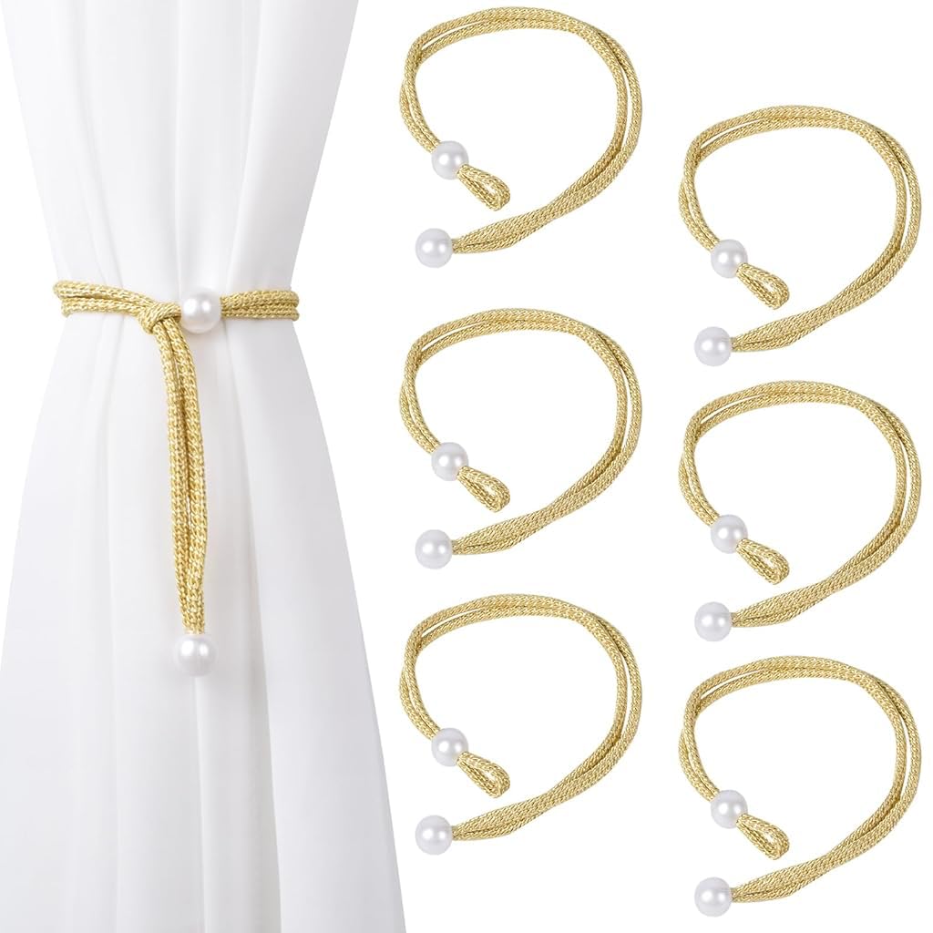 ZIBUYU® 6Pcs Curtain Tieback Golden Braid Curtains Ties 16.9 Inches Golden Curtain Tie Backs with Elegant Beads Curtain Tiebacks Tie Backs Adjustable Window Curtain Tie Backs  for Window Drapries