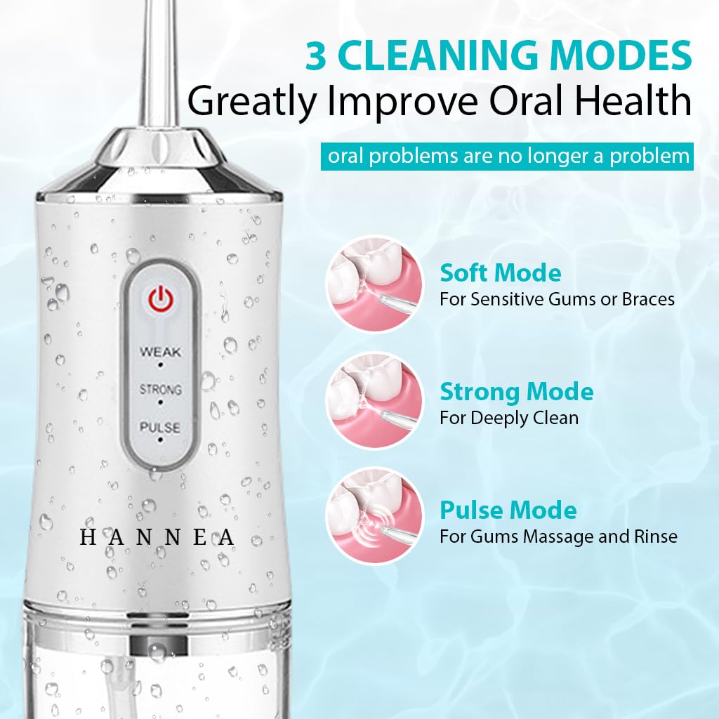 HANNEA Water Dental Flosser for Teeth Cleaning with 3 Modes 4 Jets and 220ml Tank | IPX7 Waterproof Rechargeable Oral Irrigator