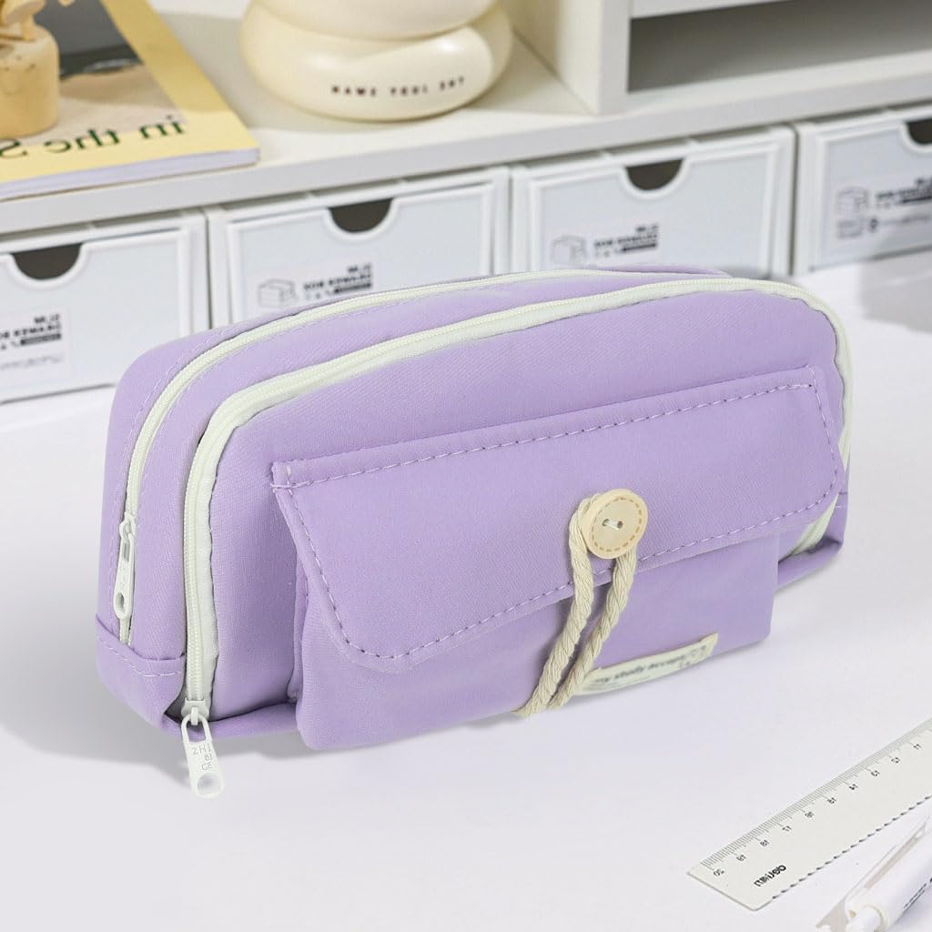 Zibuyu Pencil Pouch for School and Office with Double Layer Zip-Up Design | 21x11x7.5cm Canvas Organizer in Purple