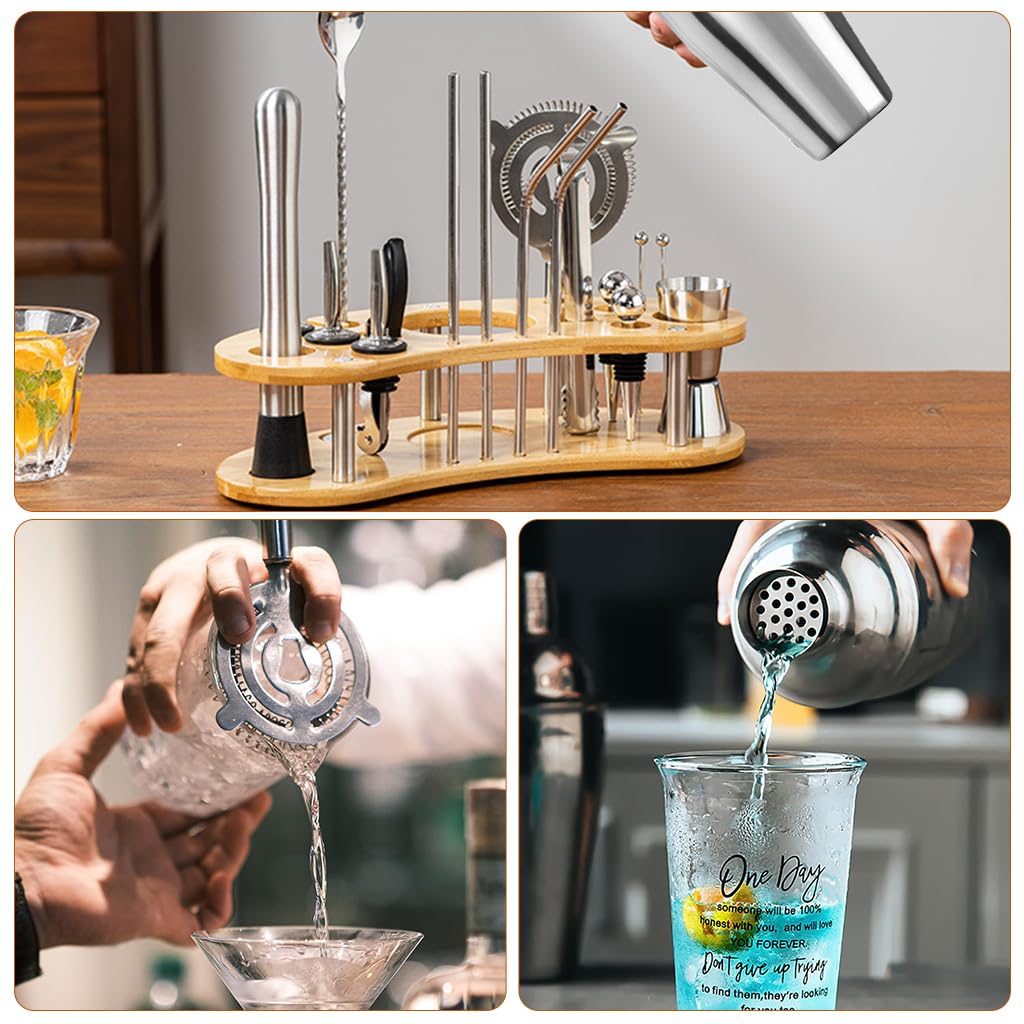 Supvox Cocktail Shaker Set for Home and Bar with Bamboo Stand | 19Pcs 550ml Stainless Steel Tools