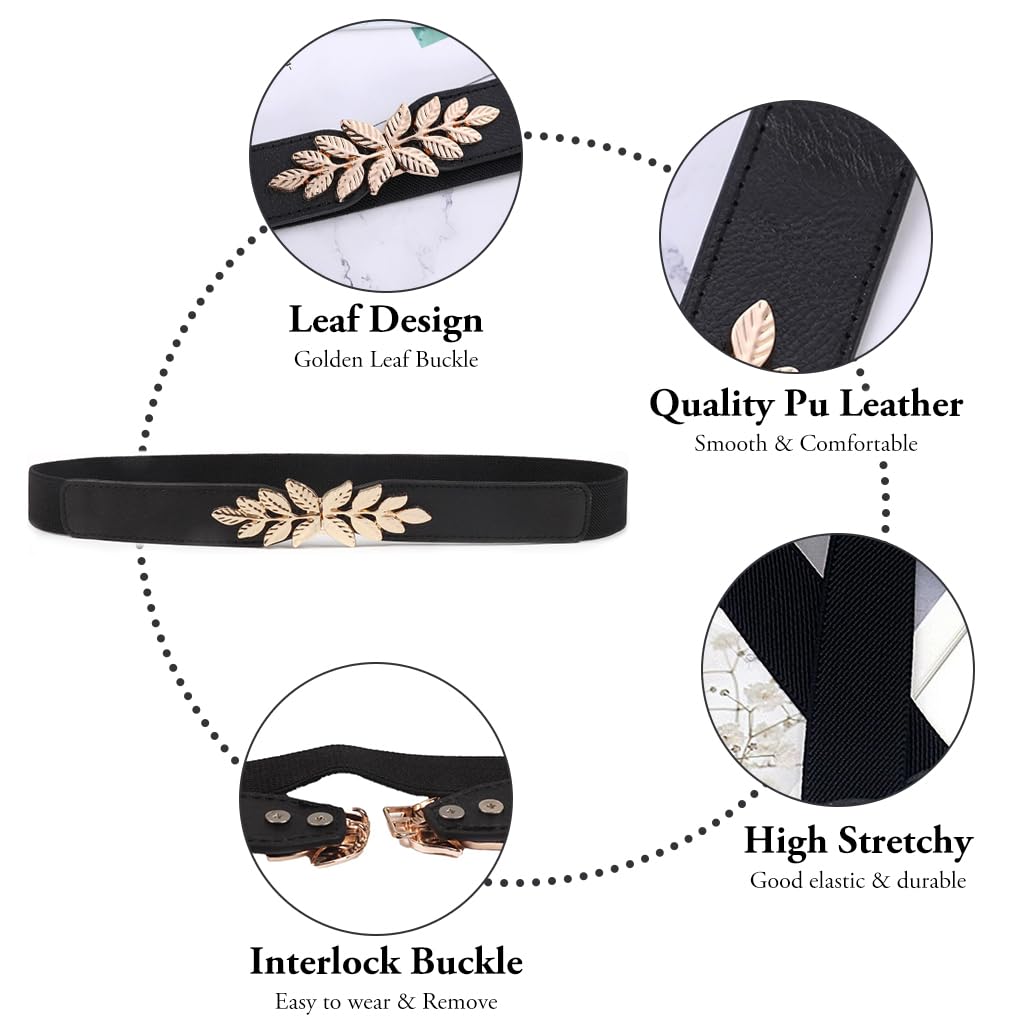 ZIBUYU Fashion Waist Belt for Women Chic Golden Leaf Buckle Design 25.2 inches Stretchy Slim Waist Belt High Class Vintage Belt for Shirt, Blazer, Sweater, Dress, 64-75cm