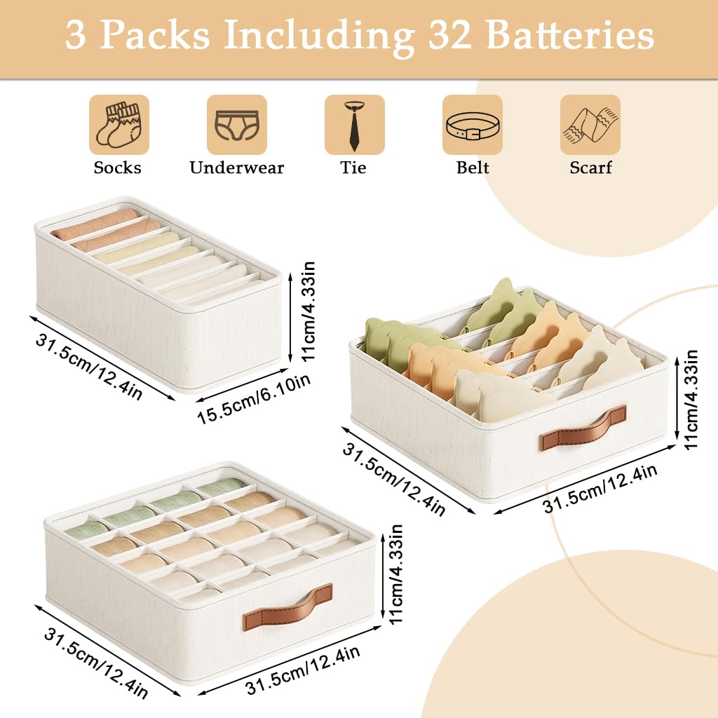 Zibuyu Undergarments Organizer 3PC Set for Women with 33 Slots and Foldable Cotton Jute Design