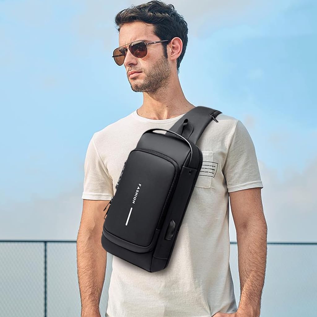 ZIBUYU Chest Bag for Men Waterproof Anti Theft Backpack Small Sling Bag for Men Travel Oxford Cloth with Safety Password Lock USB Port Crossbody Bag for Men Outdoor, Black
