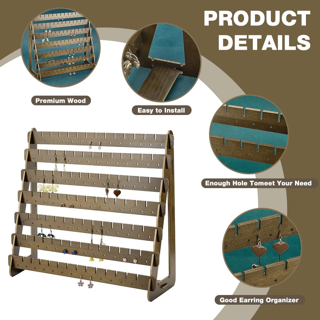 HASTHIP Earrings Organizer for Studs and Hooks with 98 Holes and 91 Slots | Wooden 7 Row Display Stand