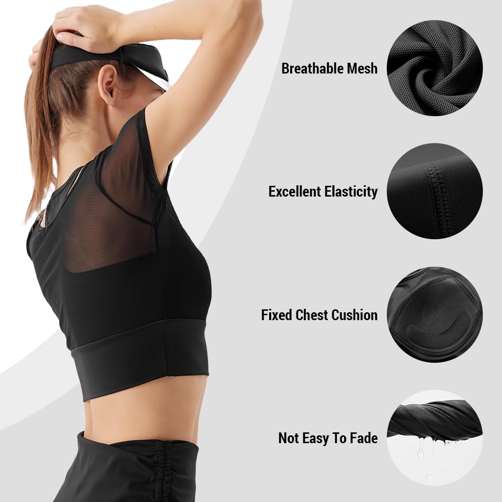 SANNIDHI Women’s Yoga Top with Built‑in Medium Support Sports Bra and Mesh Long Sleeves | Black Activewear for Fitness and Pilates