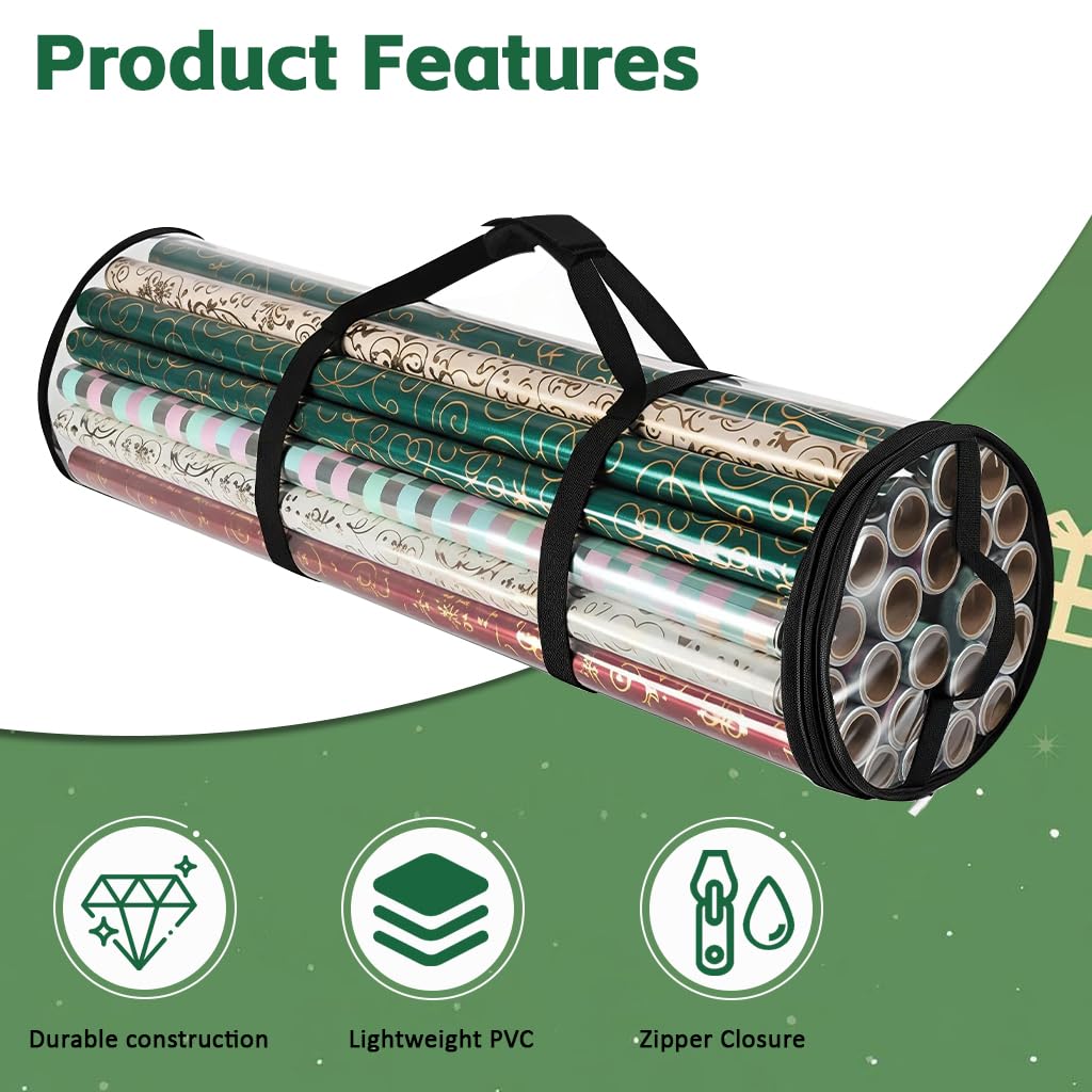 HASTHIP Wrapping Paper Storage Bag for Large Rolls with Handle 80x22cm Clear Waterproof Organizer