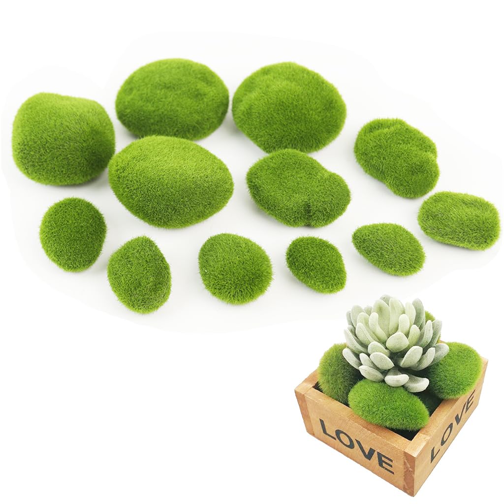 HASTHIP® 12pcs Small Artificial Moss Cobblestones Assorted Shaped Decorative Green Moss Covered Stones for Plant Pots