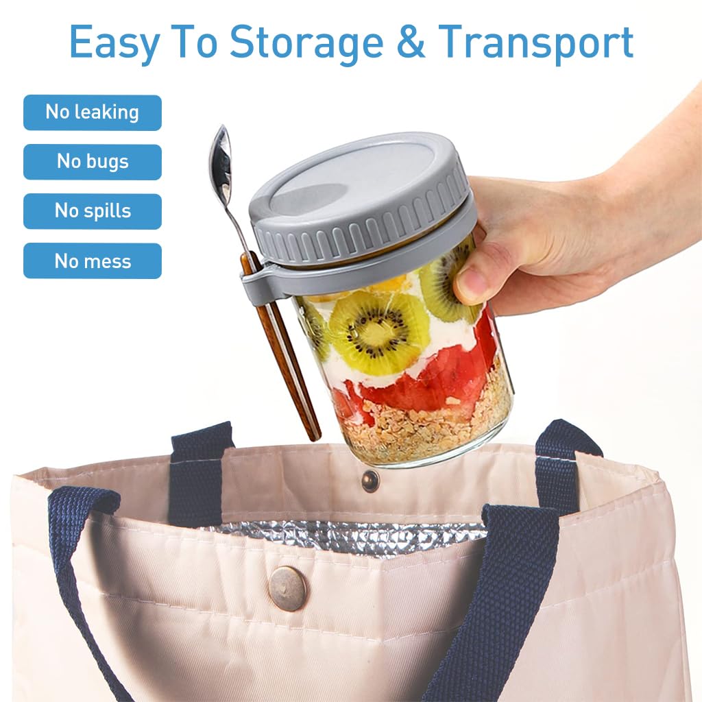 Supvox Overnight Oats Containers for Breakfast with 12oz Glass Jars and Anti Leak Lids | Set of 4