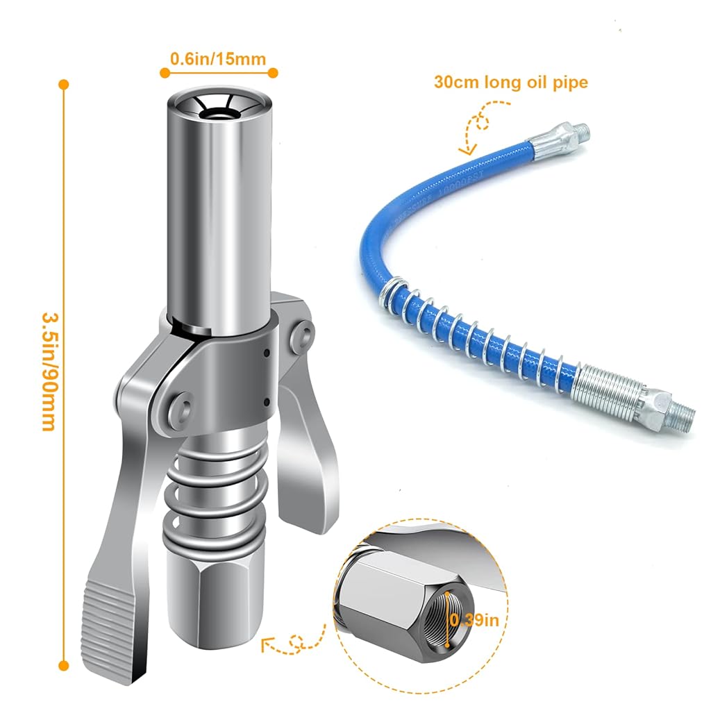 STHIRA® Grease Gun Coupler, Strong Lock Release Grease Coupler, 12000 PSI Quick Release Metal Grease Gun Coupler Dual Handle Grease Gun Tip 30cm Hose Compatible with All Grease Gun 1/8" NPT Grease Gun Fitting