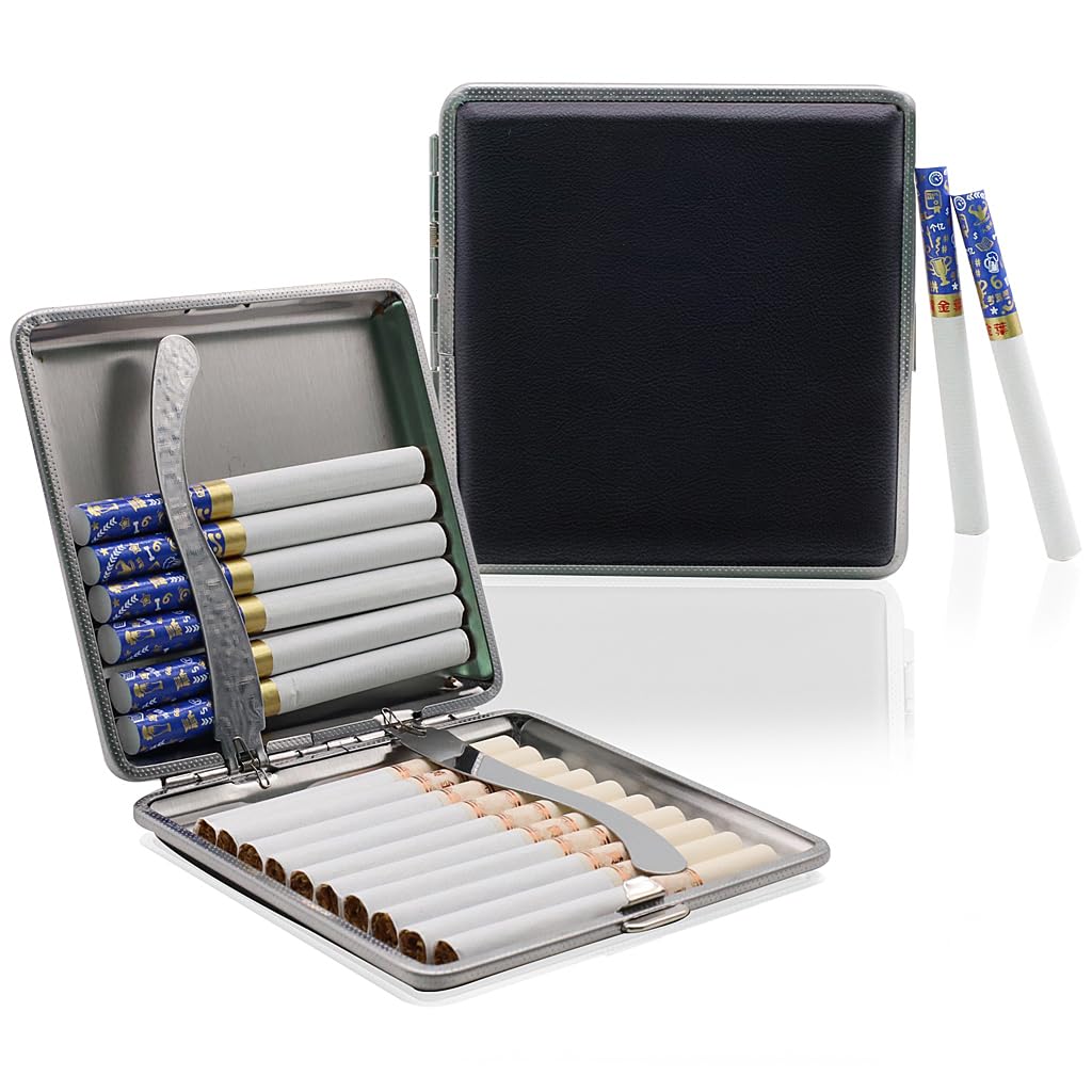 GUSTAVE Cigarette Case for 20 King Size 84mm Cigarettes with Spring Button | Brown Leather Metal Holder for Men and Women