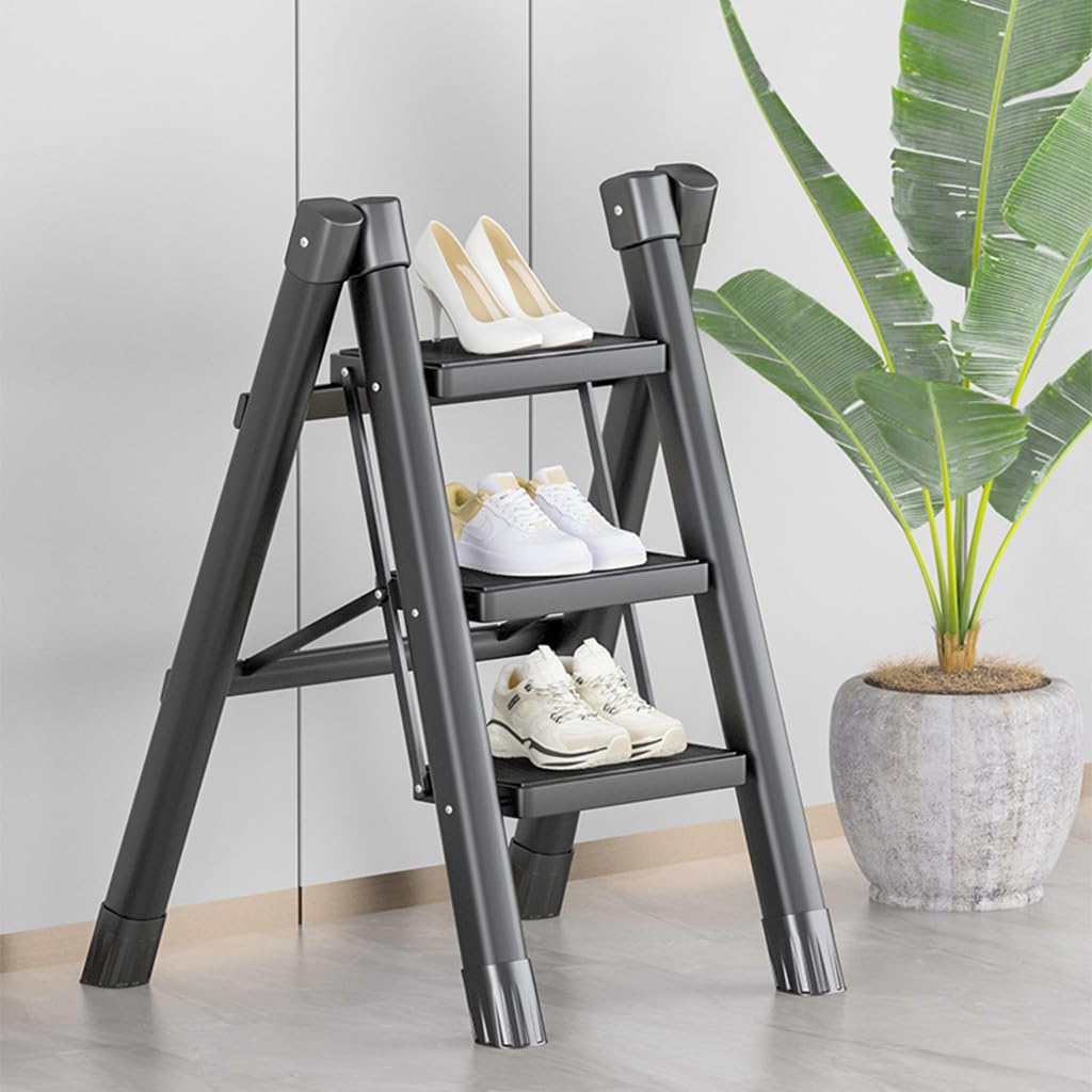 HASTHIP® 3 Step Ladder Carbon Steel Foldable Ladder 330lbs Load Capacity 3 Step Ladder for Home, Step Ladder for Home Use, Folding Step Stool with Anti-Slip Pedal, Plant Pot Ladder Holder