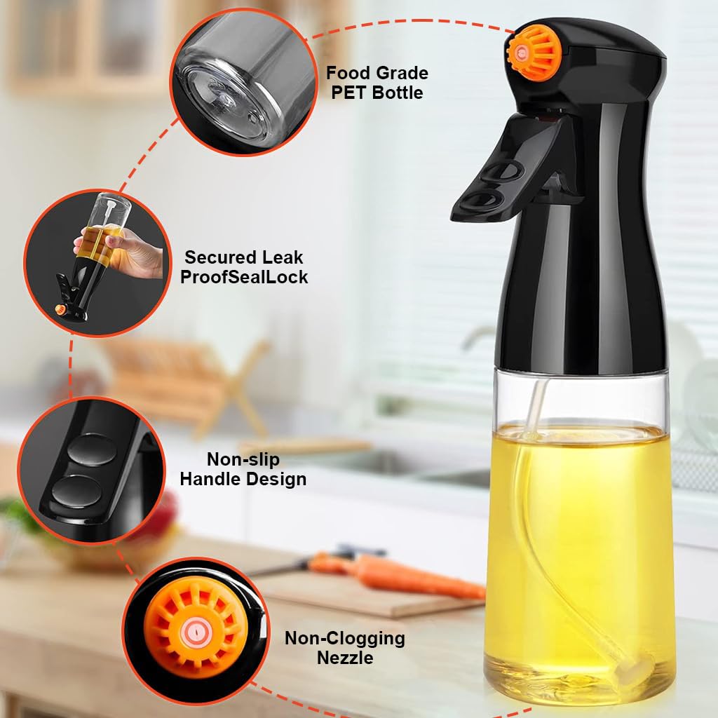 Supvox® 200ml Oil Spray Bottle with 2 Spray Modes, Glass Olive Oil Sprayer, Refillable Food Grade Oil Vinegar Spritzer Sprayer Bottles for Kitchen, Air Fryer, Salad, Baking, Grilling, Frying (Black)