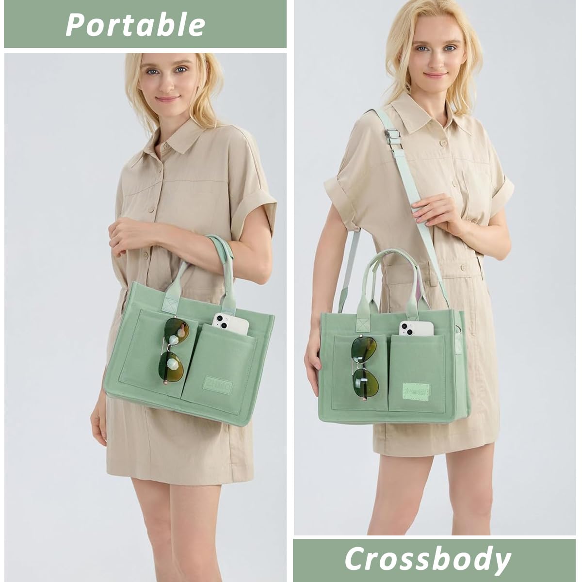 PALAY Casual Tote Bag for Women Multi Pockets Canvas Hand Bag with Removable Shoulder Strap Crossbody Tote Bag Chic Mint Green Canvas Day Bag Tote Bag for Commuting
