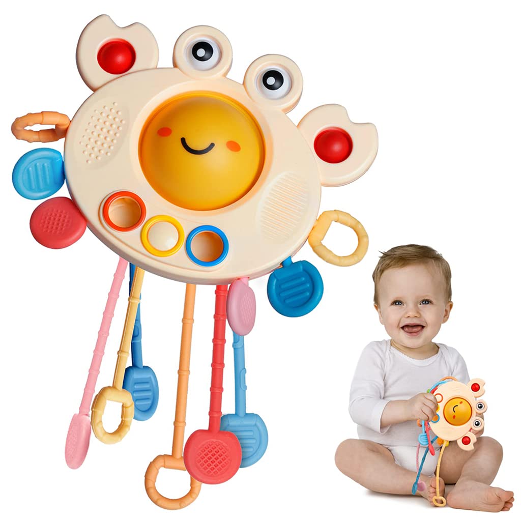 PATPAT Sensory Toys for Kids, Montessori Toys for Baby Sensory Development Cartoon Crab Silicone Activity Toys for Toddler Pull String Interactive Toy Early Educational Toys Gifts for Newborns