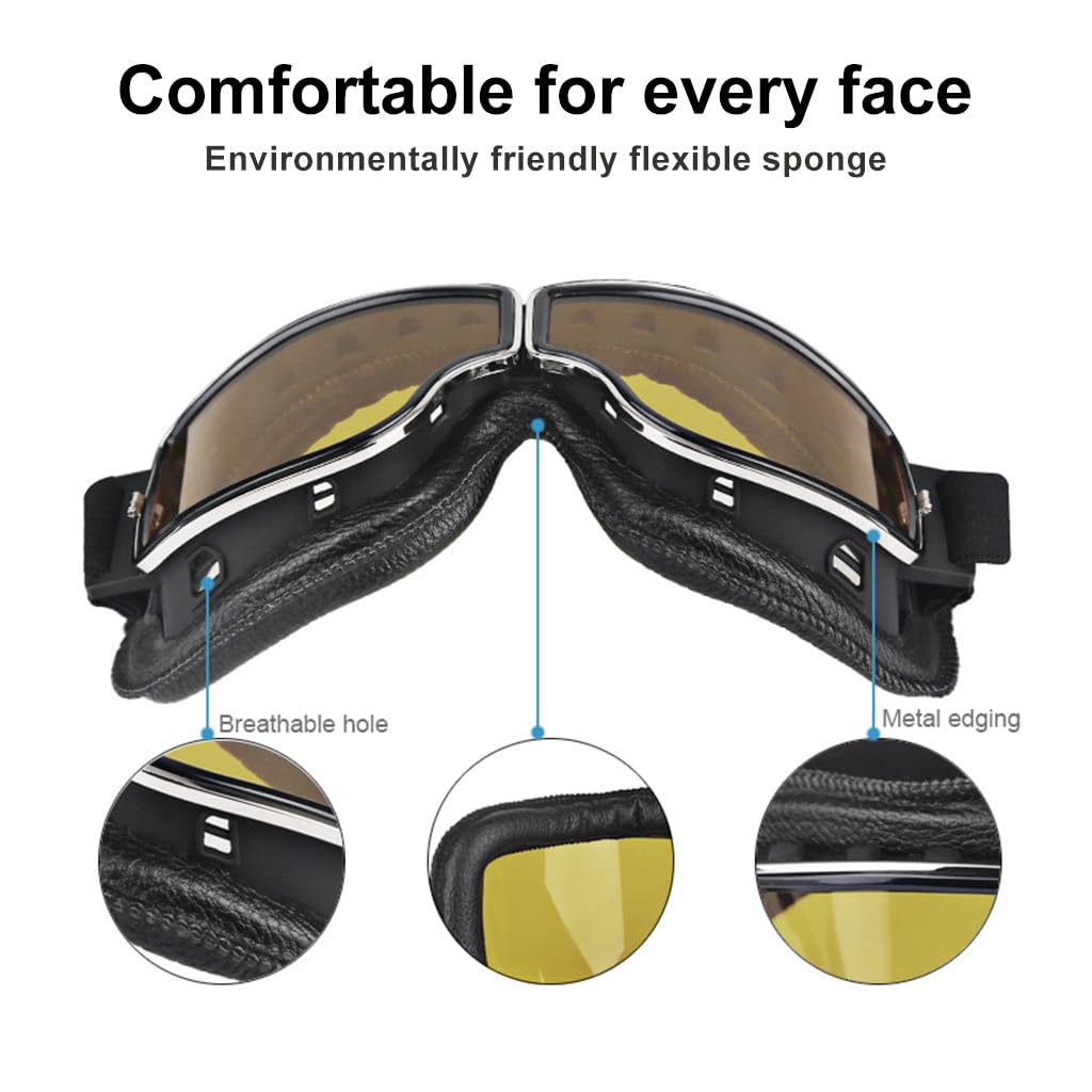 PROBEROS Motorcycle Goggles for Outdoor Riding with 7 in Width and Adjustable Elastic Belt | Yellow Anti Fog Lens for Wind and Dust Protection