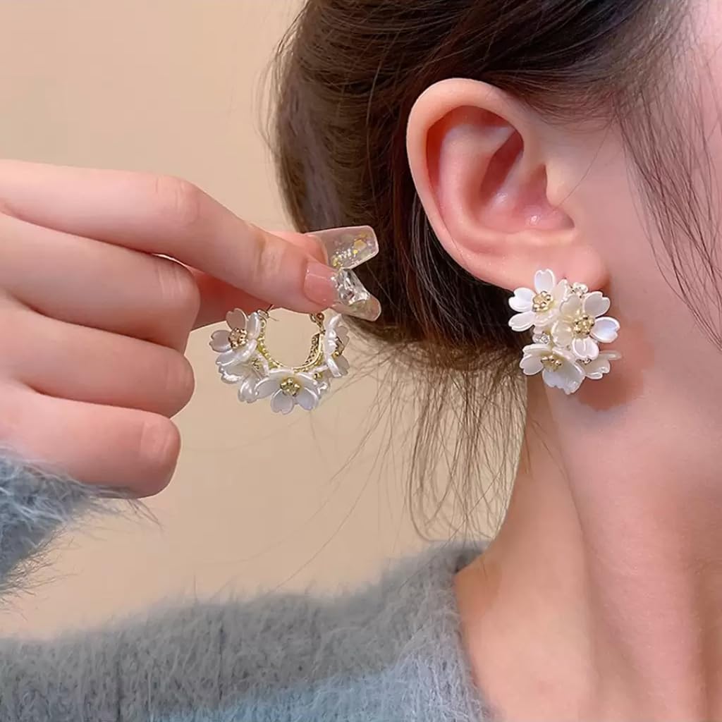 ZIBUYU Earrings for Girls featuring White Flower Hoop Design with Gold Accents | Lightweight Acetate Jewelry for Women