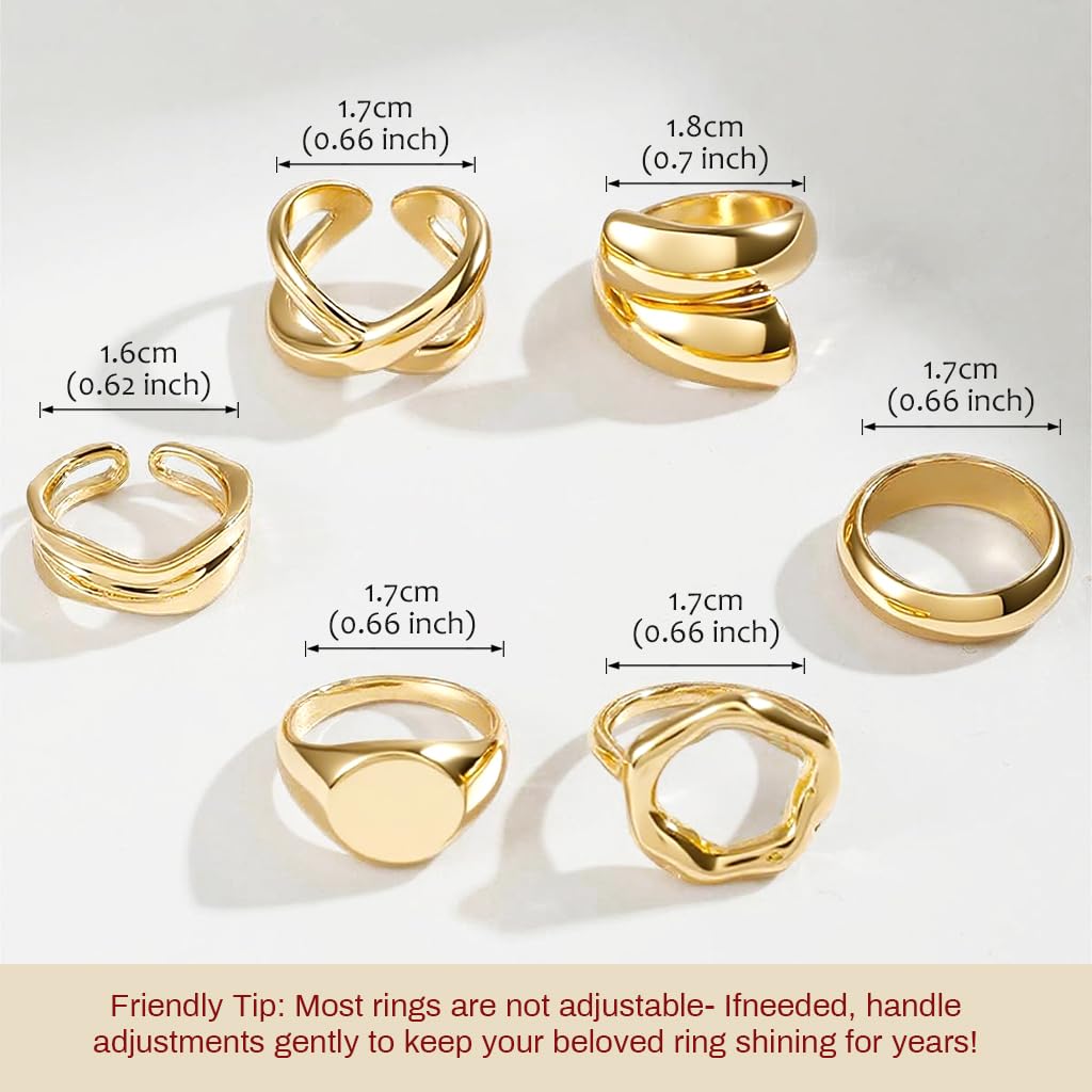 SANNIDHI Rings Set for Women with Adjustable Open Structure and Golden Alloy Finish | 6Pcs Stackable Chunky Design