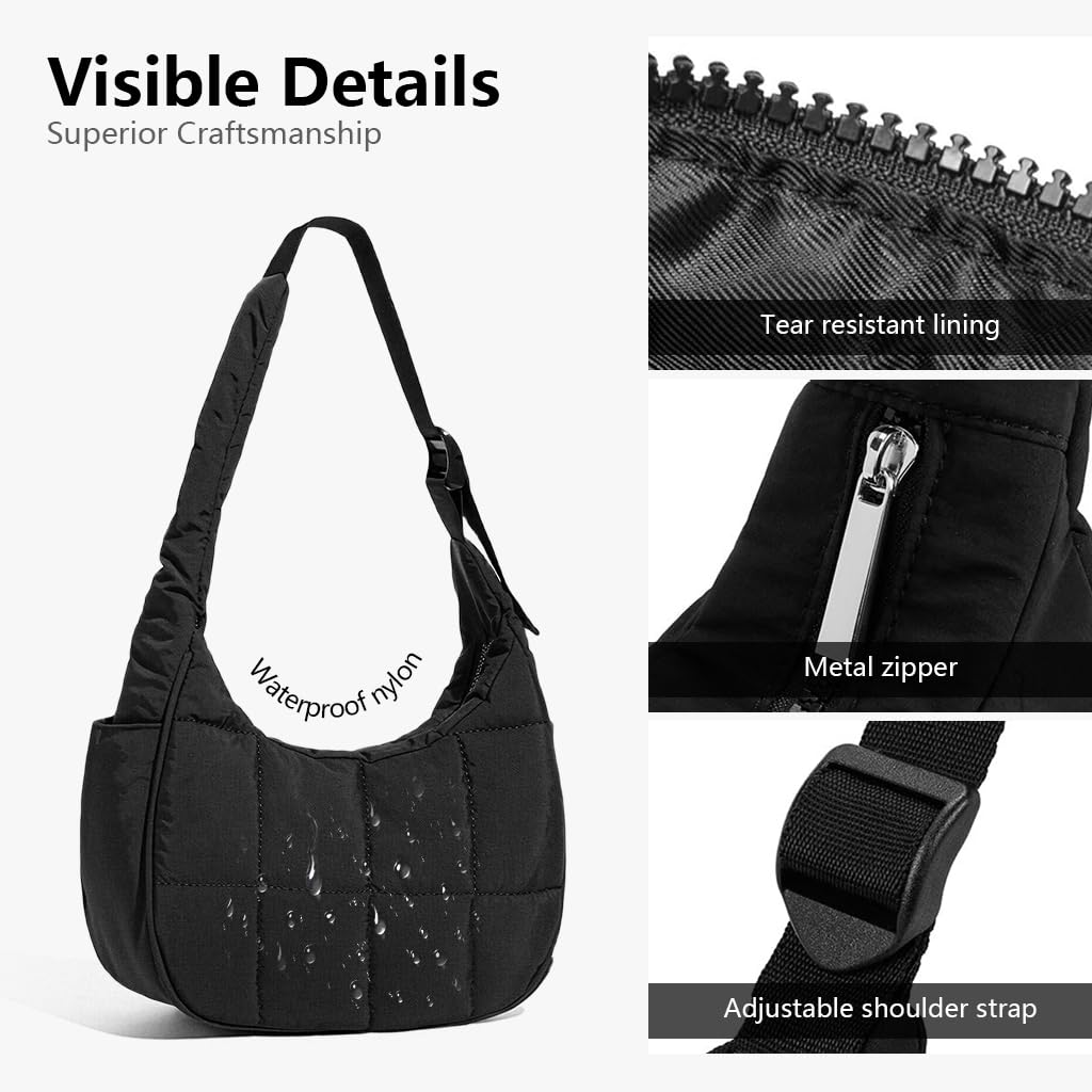 PALAY Shoulder Bag with Adjustable Patchwork Strap and Secure Zipper | 25 x 9 x 14 cm Black Nylon Quilted Crossbody for Women